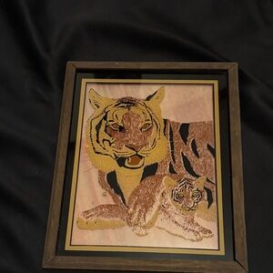 Vintage Framed Tiger Glass Reverse Painting Wall Art - Yellow & Brown